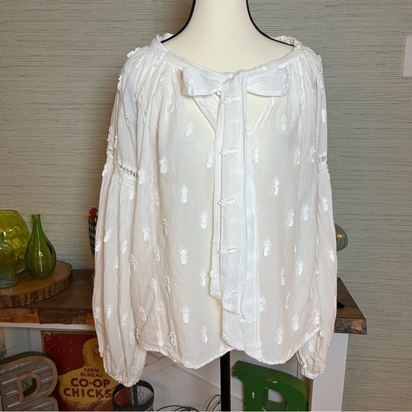 FARM RIO White Pineapple Embroidered Long Sleeve Boho Blouse Cotton Size Small - Picture 3 of 12